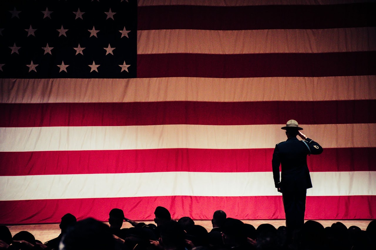 Soldier saluting American flag